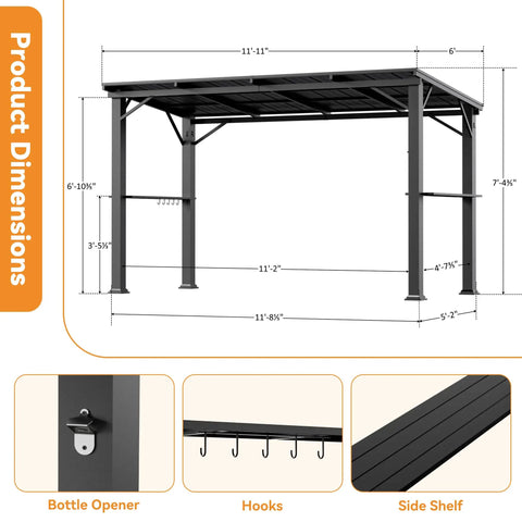 Diagram showing dimensions and features of Hardtop Outdoor Grill Gazebo 12x6 with rustproof steel frame, hooks, and bottle opener.