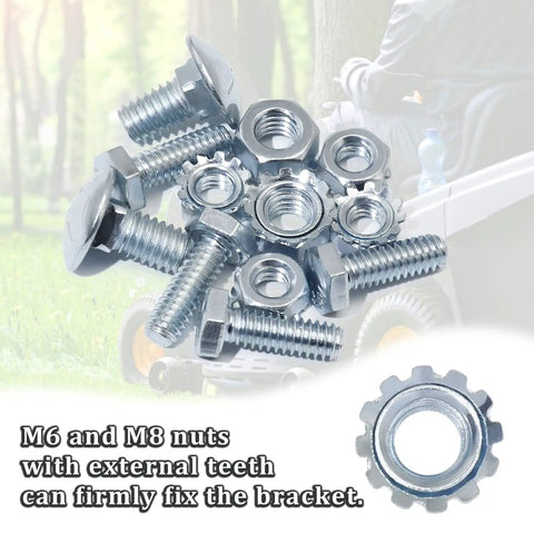 M6 and M8 screws and nuts from Two Pack Lawn Mower Deck Gauge Wheel Bracket Kit For 42 Inch Deck, Includes Two Brackets, Six Screws, Six Nuts, Replacement For 532181040 525509501, Durable PP, Antifriction, High Temp Resistance, Easy Install on grass background