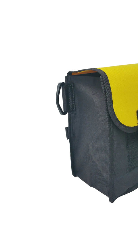 Leg Mounted Cargo Pocket For Scuba Diving With Strap On Pocket, detail of yellow utility pocket for dive gear with black trim