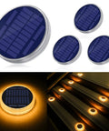 Solar Deck Lights Outdoor Waterproof LED 4 Pack Warm White Dock Lights With Big Solar Panel, shown glowing on stairs.
