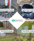 Collage of 1 HP Submersible Sewage Pump applications: basement sump pumping, septic tank transfer, yard flood drainage, pond access.