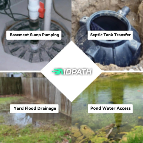 Collage of 1 HP Submersible Sewage Pump applications: basement sump pumping, septic tank transfer, yard flood drainage, pond access.