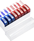 Top Tier Self Inking Office Stamp Set With Eight Gotta Have Rubber Phrases Like Paid And Approved in red and blue ink.
