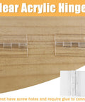 Zero Hassle Clear Acrylic Hinges For Plexiglass And Glass Panels, 12 Pack Adhesive Pro Cabinet Hardware, 25Mm X 33Mm snug hinges shown on wood surface.