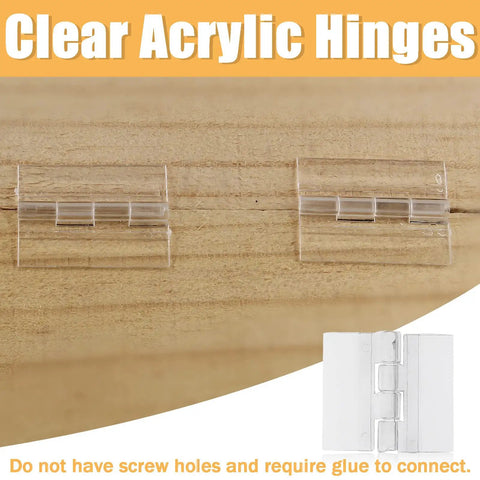 Zero Hassle Clear Acrylic Hinges For Plexiglass And Glass Panels, 12 Pack Adhesive Pro Cabinet Hardware, 25Mm X 33Mm snug hinges shown on wood surface.