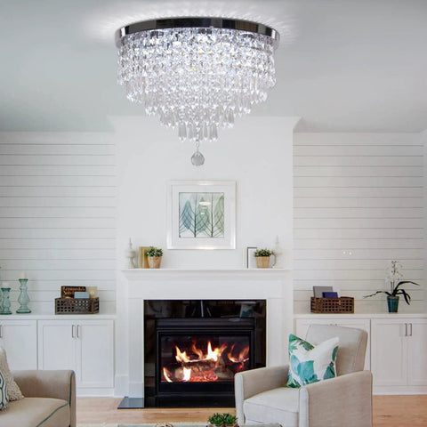 Dope Remote Dimmable 19.7 Inch 5 Tier K9 Crystal LED Ceiling Light Flush Mount Chrome Finish in elegant living room setting