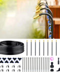 Components of 360 Degree Adjustable Drip Irrigation System For Gardens With Ten Nozzles Thirty Foot Run, including tubing and stakes.