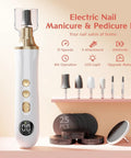 Top Shelf Electric Nail File Kit With Fifteen Speed Settings To Knock Out Stubborn Calluses And Rough Toenails Smooths Fragile Fingernails And Cuticles At Home Without Breaking A Sweat Ideal For Men Women Or Seniors showing white electric nail file with five attachments and sanding discs.