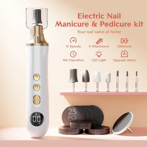 Top Shelf Electric Nail File Kit With Fifteen Speed Settings To Knock Out Stubborn Calluses And Rough Toenails Smooths Fragile Fingernails And Cuticles At Home Without Breaking A Sweat Ideal For Men Women Or Seniors showing white electric nail file with five attachments and sanding discs.