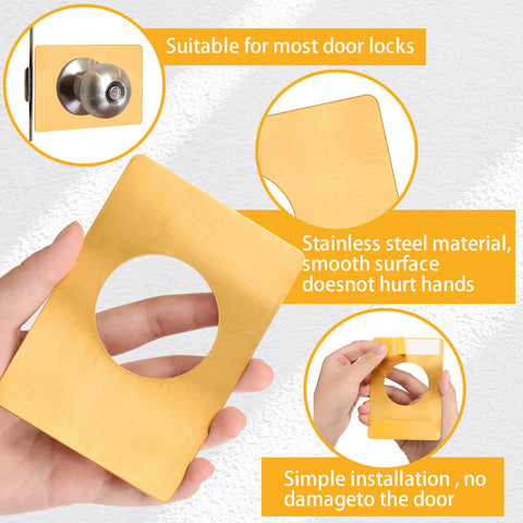 Two Pack Stainless Steel Door Lock Reinforcement Plates With Adhesive Tape Gold Finish, smooth edge close-up, easy installation