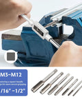 7 Piece HSS Thread Tap Set With Adjustable Tap Wrench, Metric Taps From M3 To M12 shown with wrench in blue vice grip
