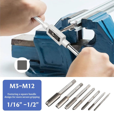 7 Piece HSS Thread Tap Set With Adjustable Tap Wrench, Metric Taps From M3 To M12 shown with wrench in blue vice grip