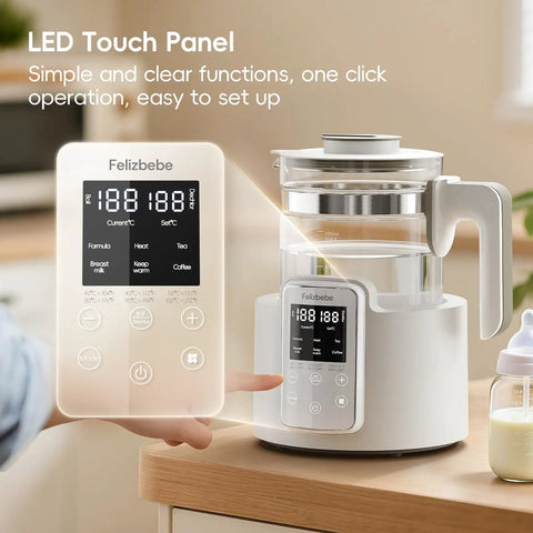 No Fuss Baby Bottle Warmer And Electric Kettle Featuring Ridiculously Fast Cool Down Fan Six Custom Temp Presets With Bright Lcd Screen, showing LED touch panel.
