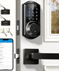 Sleek Matte Black Smart Deadbolt With Dual Lever Handles And Rock Solid App Control Plus No Sweat Keyless Entry Passcodes Apple Watch Pairing And Fast Auto Lock for smooth security, featuring keypad and smartphone display.