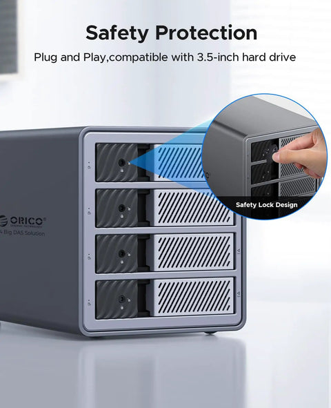 Heavy Duty Four Bay Aluminum Usb Three Zero External Hard Drive Enclosure Case With Rock Solid Rack Mount Design And Bad Ass Killer Storage Up To Eighty Eight Tera Bytes For Pro Video Editing And Massive Archives showing safety lock design.