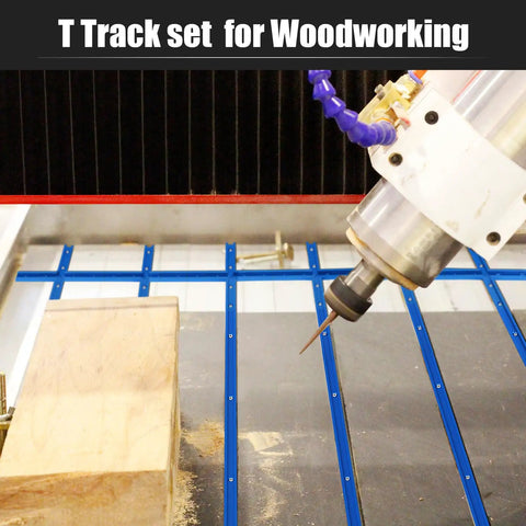 4 Pack 48 Inch T Track Kit For Woodworking With Intersection Kit And Predrilled Mounting Holes Includes Screws Aluminum Universal T Rail Accessory Blue used with power tool and wood block.