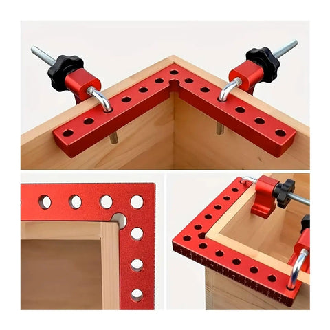 Right Angle Fixing Clip 90 Degree L Shaped Woodworking Panel Fixture for Mounting and Alignment 120mm and 140mm Sizes in use on wood panel