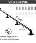 Built Tough 10 Foot Wall Handrail For Indoor Stairs Straight Up Heavy Duty Metal Railing Non Slip Matte Black Grab Bar with screws and measurements.