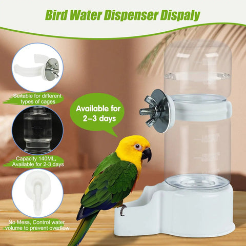 Two Pack Automatic Bird Cage Water Dispenser With Leak Proof Build For Parakeets And Small Parrots Keeps Fresh Water Flowing Daily Easy Cage Mount Breezy Zero Hassle Pet Hydration Bottle with parrot and 140ml reservoir.