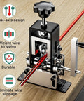 Slick Two Way Copper Wire Stripping Machine Using Manual Hand Crank Or Drill Power For Truly No Sweat Scrap Cable Peeling And Effortless Metal Recycling Projects with dual-axis design and red wire.