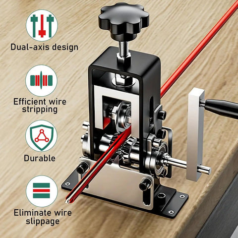 Slick Two Way Copper Wire Stripping Machine Using Manual Hand Crank Or Drill Power For Truly No Sweat Scrap Cable Peeling And Effortless Metal Recycling Projects with dual-axis design and red wire.