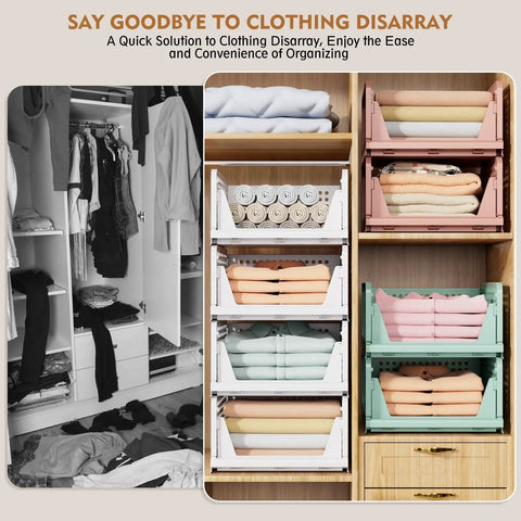 5 Pack Stackable Closet Storage Baskets, Foldable Organizer Bins for Bathroom Kitchen Laundry Room Wardrobe, shown stacked in a closet.