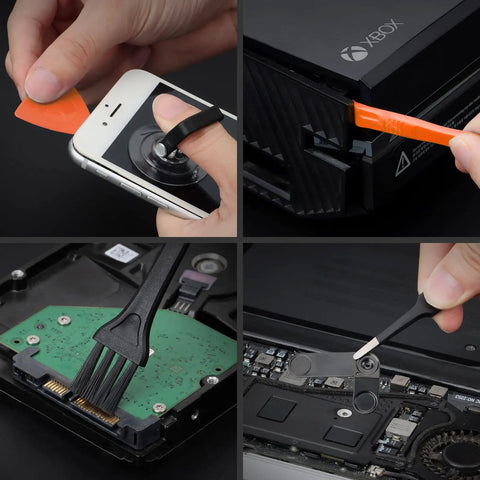 64 In 1 Magnetic Precision Screwdriver Kit in use for electronics repair on phone, Xbox, hard drive, and laptop components.