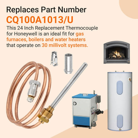 24-inch copper thermocouple with brass adapters and metal probe for gas furnaces, boilers, and water heaters (30 mV)