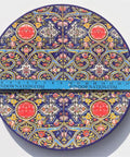 18 Inch Wooden Lazy Susan Turntable Rotating Centerpiece with colorful decorative pattern, top view with ruler for scale.