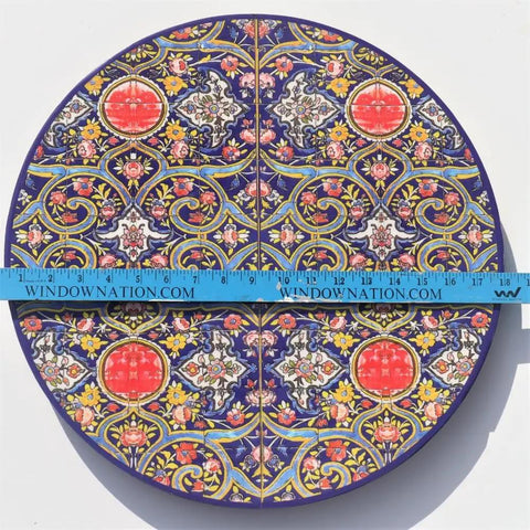 18 Inch Wooden Lazy Susan Turntable Rotating Centerpiece with colorful decorative pattern, top view with ruler for scale.