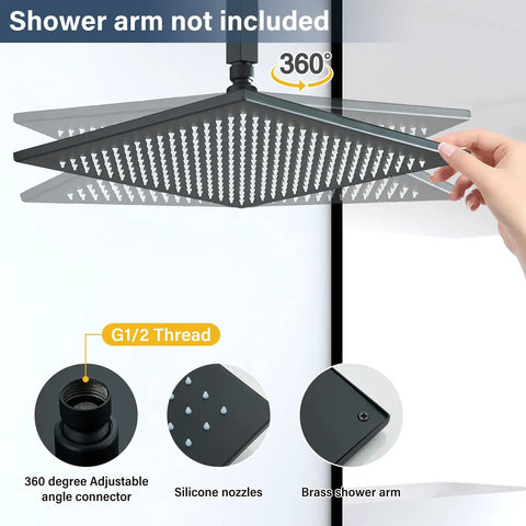 12 Inch Black Square LED Rain Shower Head With Brass Overhead Spray For Bathroom, showing 360-degree adjustability and silicone nozzles