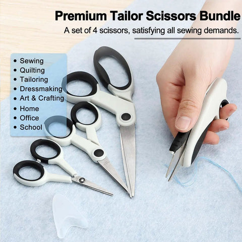 Heavy Duty Sewing Scissors Set All Purpose 8 Inch Fabric Scissors, 5 Inch Embroidery Snips, 4 Inch Detail Scissors, 5 Inch Thread Snips For Sewing Quilting Tailoring Dressmaking Craft Projects, 4 scissors on fabric