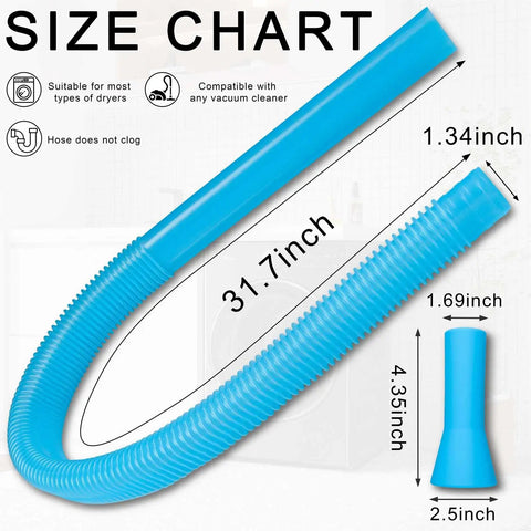 All Purpose Dryer Vent Cleaning Kit With Vacuum Hose Attachment For Most Vacuums, size chart dimensions shown.