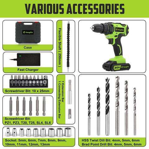 Cordless Drill Set 20V With Battery And Charger Carrying Case 25 Plus 1 Torque Two Speed 266 Inch Pounds Three Eighths Inch Keyless Chuck 34 Piece Driver Bit Kit A Solid Workhorse For Women DIY Enthusiasts And Home Projects with various accessories