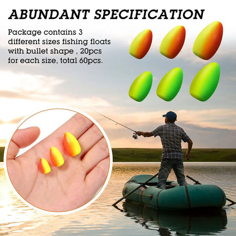 60 Piece Foam Floats Set For Fishing, Bullet Shaped Floats For Snell Rigs, Pompano Gear, in yellow-green and red-yellow hues