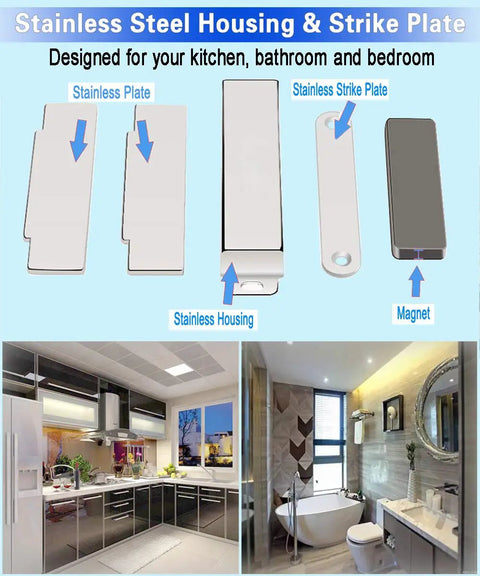 Rock Solid Magnetic Door Catch With 50 Pound Pull Strength Heavy Duty Stainless Steel Cabinet Latch For Kitchen Closet And Wardrobe Toddler Proof Hardware Silver 10 Pack, showing stainless components.