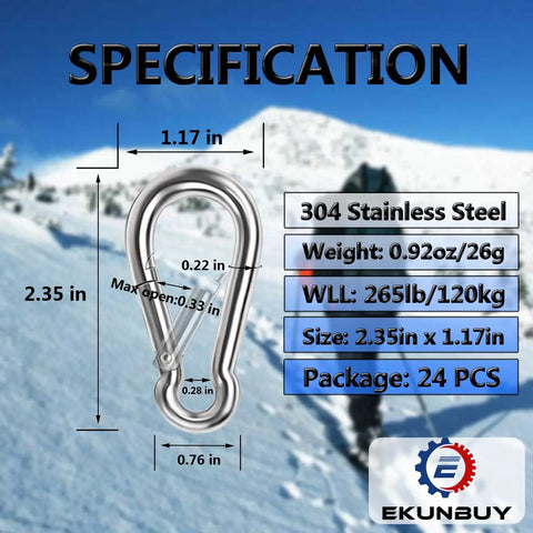 Heavy Duty 304 Stainless Steel Spring Snap Hooks 24 Pack Clips For Hammocks Ropes Key Chains Weatherproof Specifications