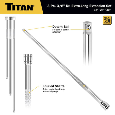 Three Eighth Inch Drive Extra Long Extension Set with 18 Inch 24 Inch 30 Inch extensions, chrome plated Cr-V steel, 3 pieces
