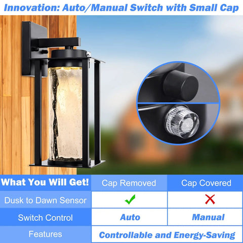 Dusk To Dawn Outdoor Porch Lights 2 Pack With Photocell Sensor Modern Glass Sconce Wall Mount close-up with manual cap feature