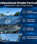 Professional Grade Formula showcasing types of glass damage, including X-shaped, long cracks, and dents for repair solutions.