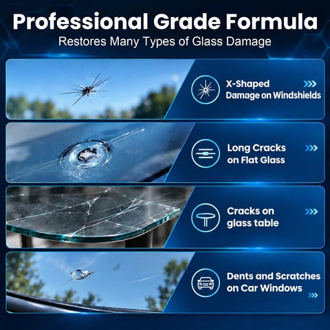 Professional Grade Formula showcasing types of glass damage, including X-shaped, long cracks, and dents for repair solutions.