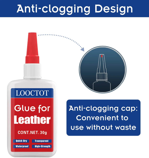 Leather Glue For Purses And Furniture That Delivers Quick Dry Bond In Ten To Thirty Seconds, Clear, Waterproof After Full Cure bottle with anti-clog cap