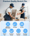 Two workers using Heavy Duty Stretch Wrap Film 15 Inch 1000 Ft to secure boxes with clear packing material.