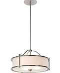 Three Light Drum Pendant With Fabric Shade And Glass Diffuser In Brushed Nickel, 18 Inch Ceiling Light Fixture For Living Room And Dining Area.