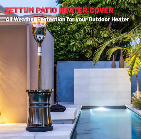 Outdoor patio heater near pool with text overlay about Zettum Patio Heater Cover protection