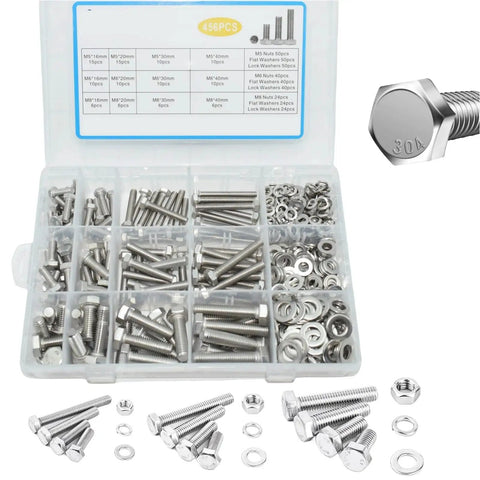 All In One 456 Piece Hex Bolts And Screws Set M5 M6 M8 With 304 Stainless Steel Nuts And Washers For DIY Home Shop And Auto Repairs Heavy Duty Fasteners Kit For Quick And Strong Fixes, assorted in organizer case