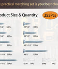255 Piece High Hardness Wood Screws Kit With Nine Sizes From Half Inch To Two Inch Includes Size 6 And Size 8 Phillips Flat Head Screws For Wood Drywall MDF And Furniture DIY Plus 20 Anchors Zinc Plated For Rust Resistance