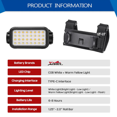 Hella Bright UTV Dome Light Plus Rechargeable Overhead Roll Bar Lamp With Five Lighting Modes And Thirty Two Glow Leds Featuring Auto Memory Function For Trail Rides And Foggy Off Road Adventures, product specs on display.
