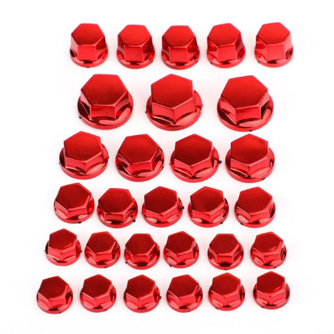Red ABS Electroplated Hexagon Socket Screw Covers For Motorcycle 30 Piece Set In Five Sizes arranged in rows on white background.