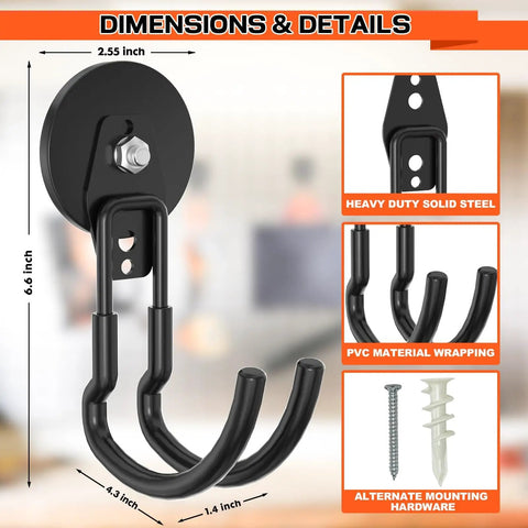 Heavy Duty Magnetic J Hooks Set With Anti Slip Layer For Metal Cabinets Garage Shelves And Garden Tools Black Three Piece Set, showing dimensions and features including PVC wrapping and alternate mounting hardware